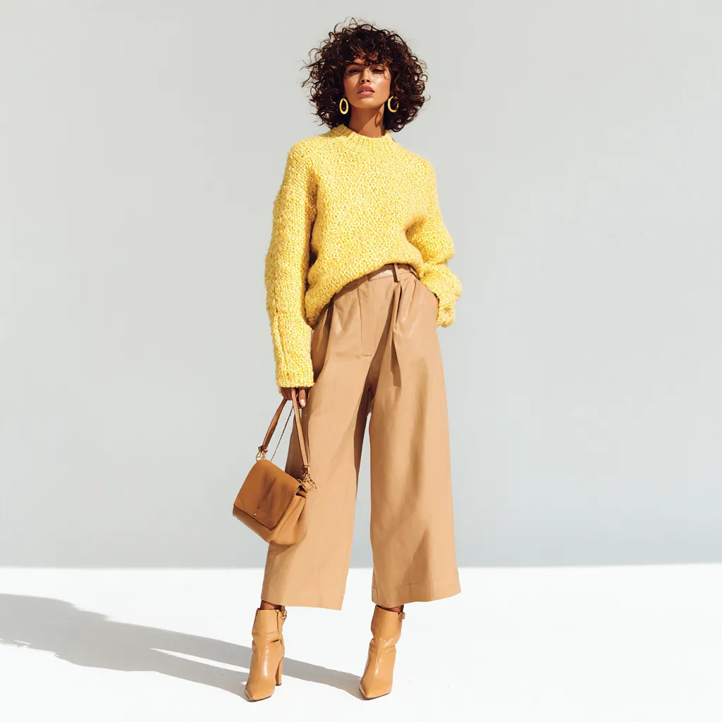 Yellow and camel color combination outfit ideas for women in fall