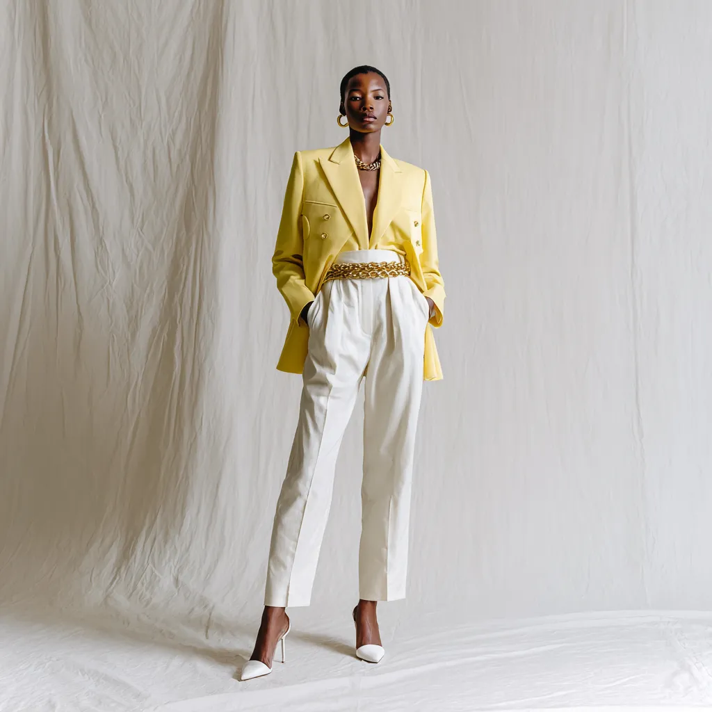 Butter yellow blazer outfit for women styled with ivory trousers and gold accessories