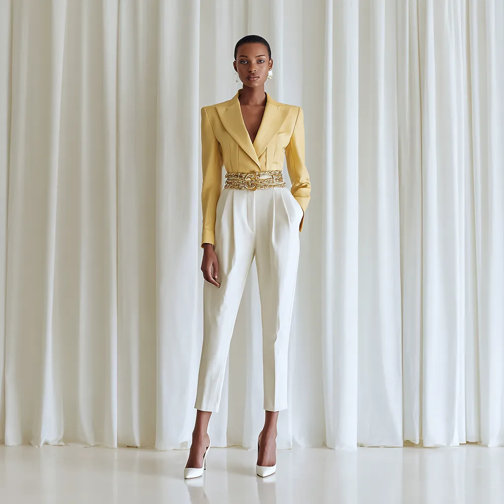 How to wear pale yellow for work in a tailored blazer and wide leg pants