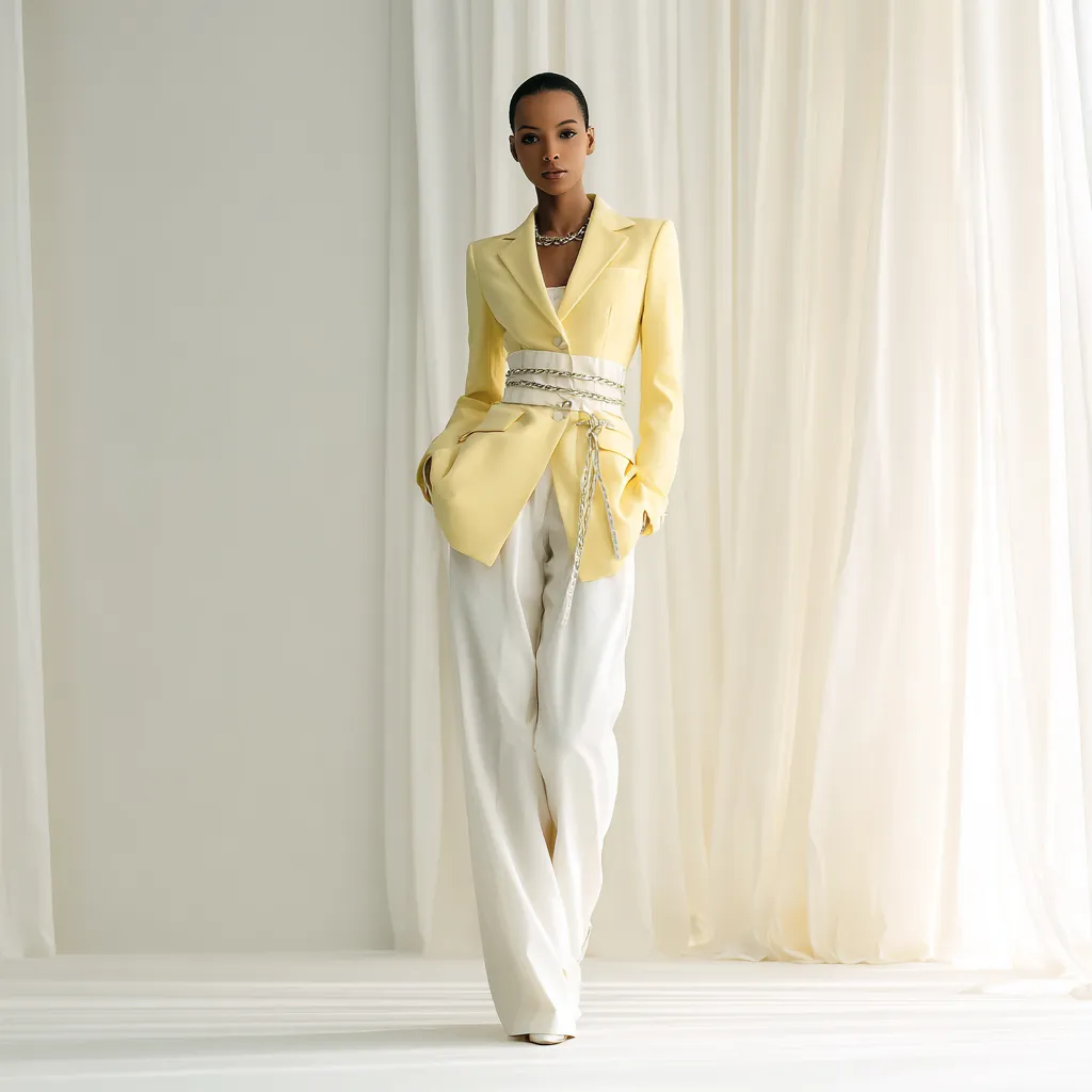 Chic butter yellow work outfit with white stiletto heels and minimalist styling