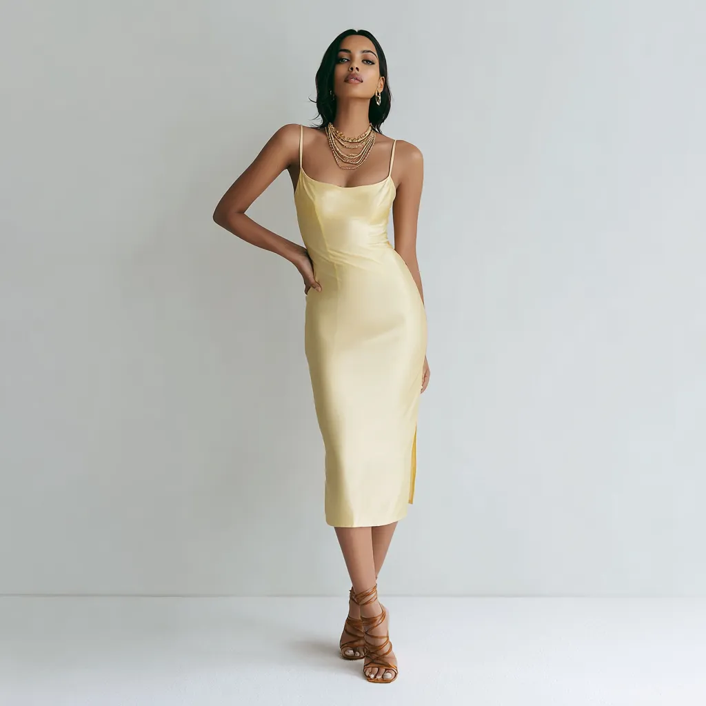 Yellow slip dress styled simply with cognac heels and layered gold necklaces