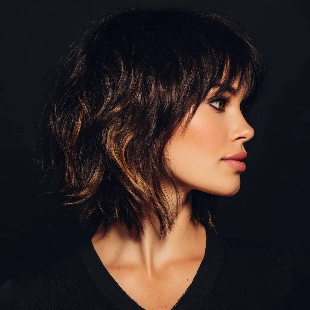 Model with modern shag variations sweeping gracefully