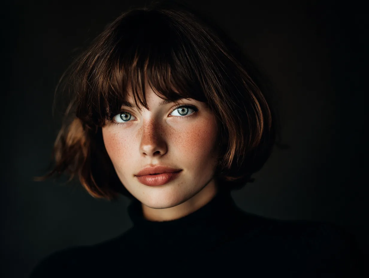 Model wearing subtle sophistication hair with a blunt cut