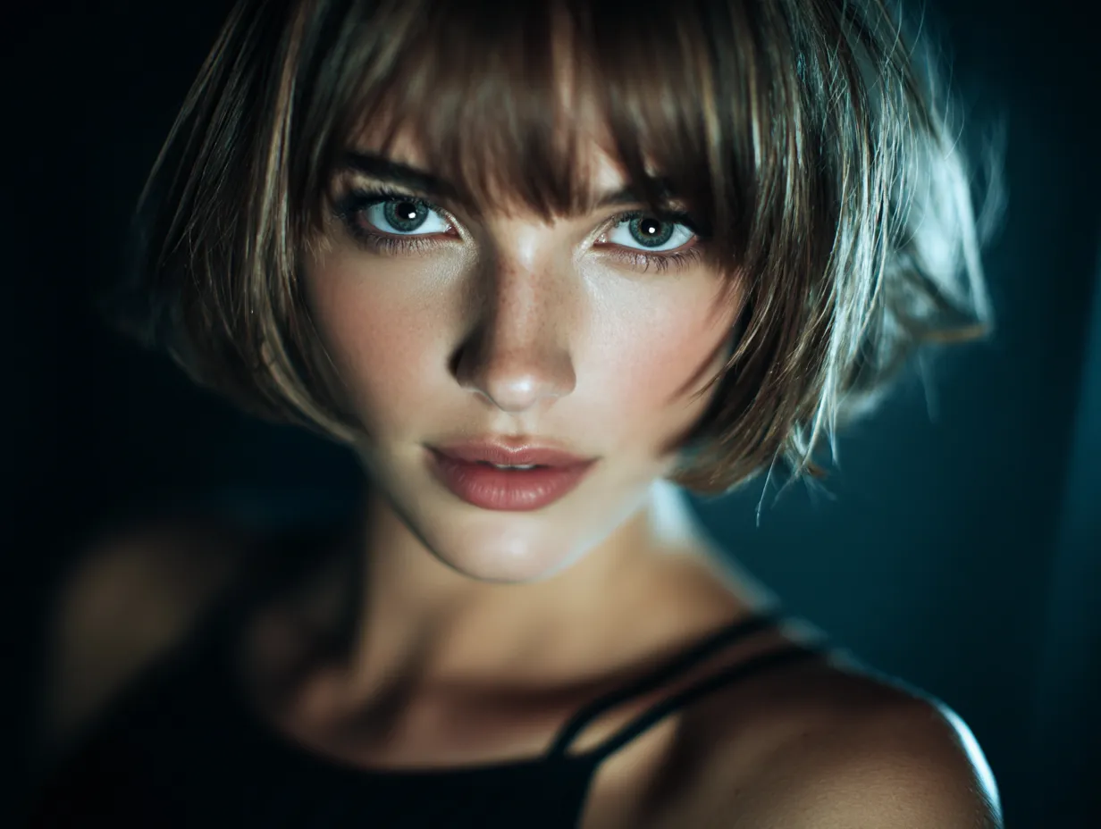 Woman demonstrating chic minimalist hair with a sharp jawline bob