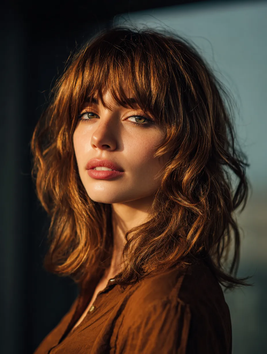 Woman with thick wavy hair in a layered soft wolf cut with curtain bangs and natural volume