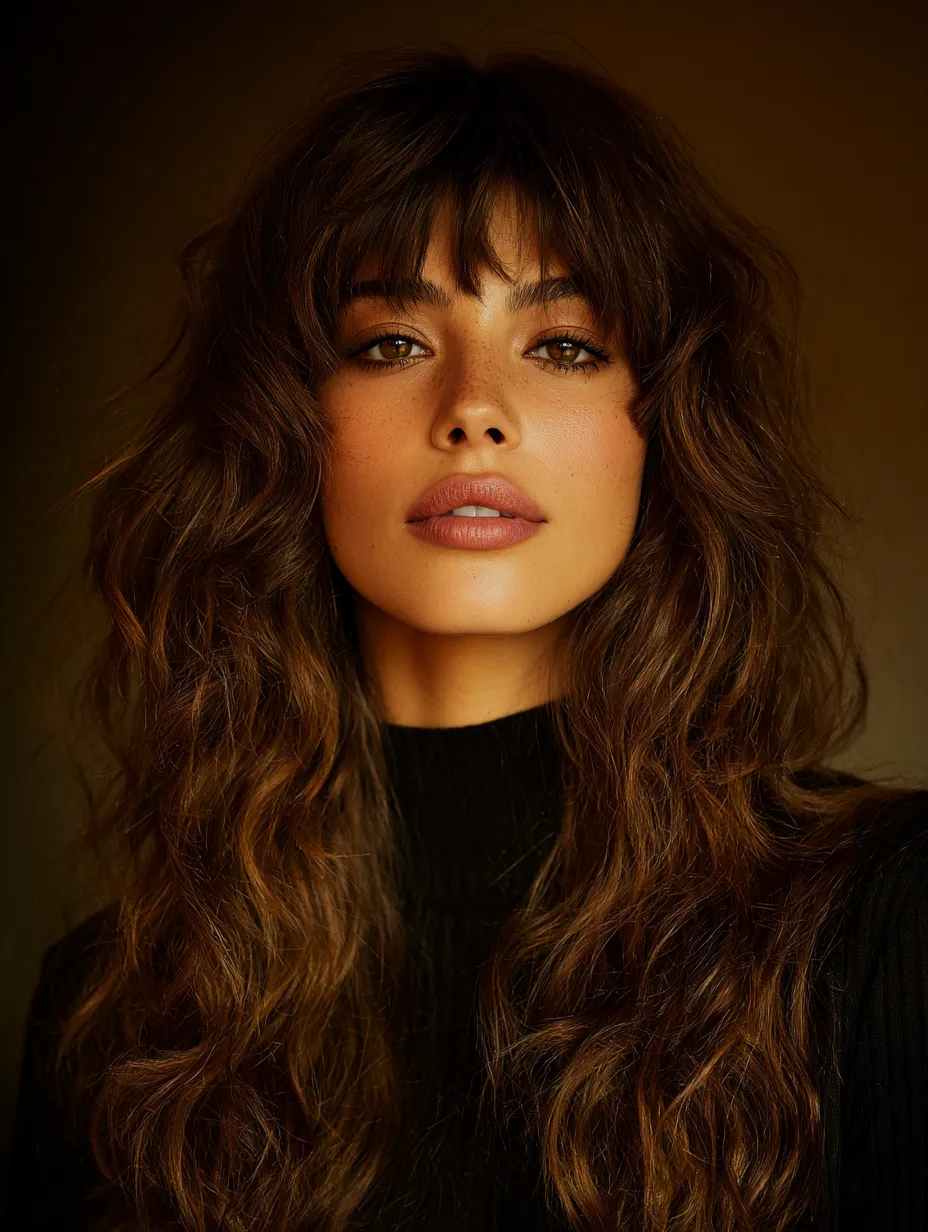 Layered wolf cut with curtain bangs on thick wavy hair framing the face