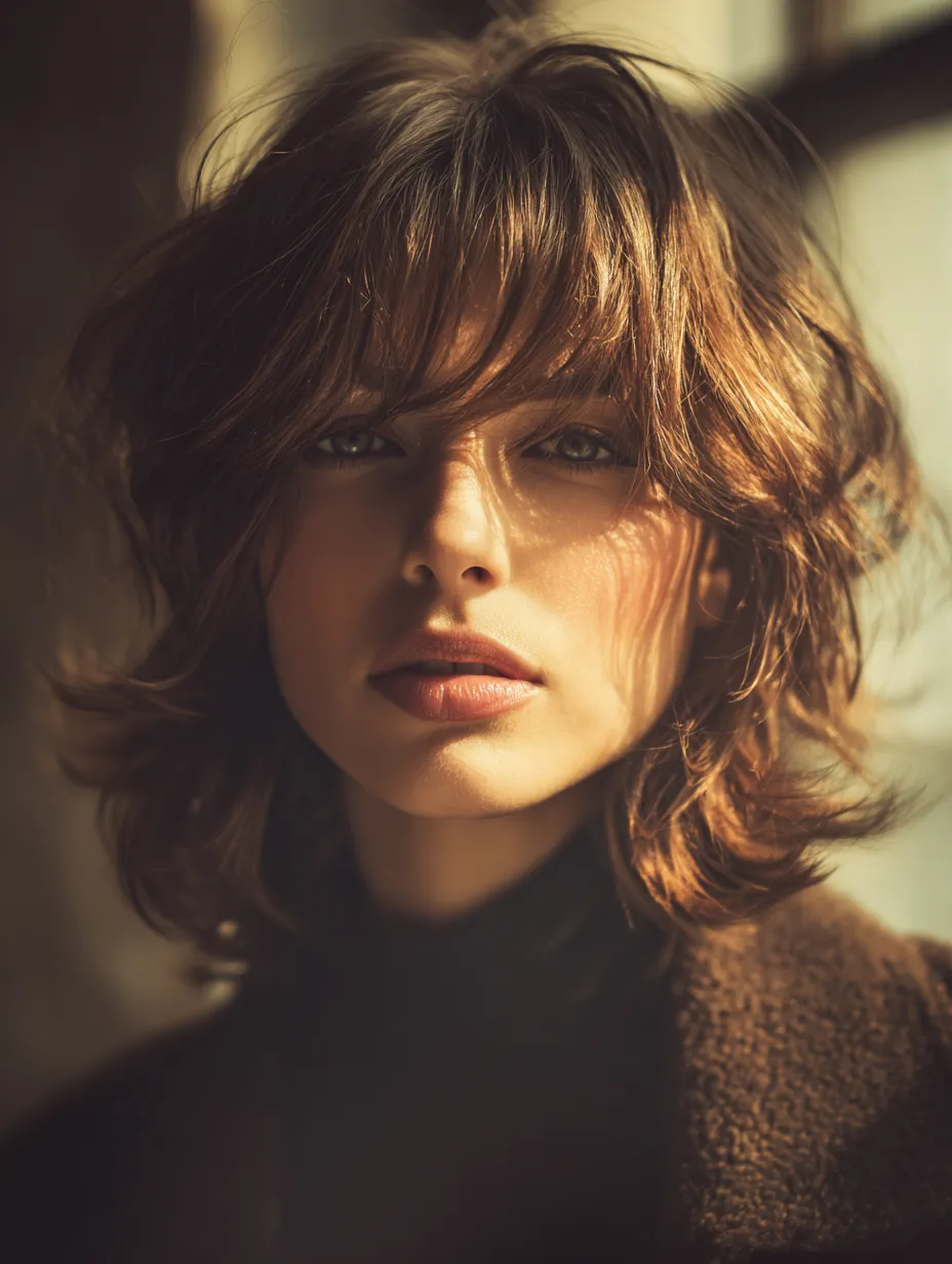 Air-dried layered wolf cut on thick wavy hair showing natural movement and shape