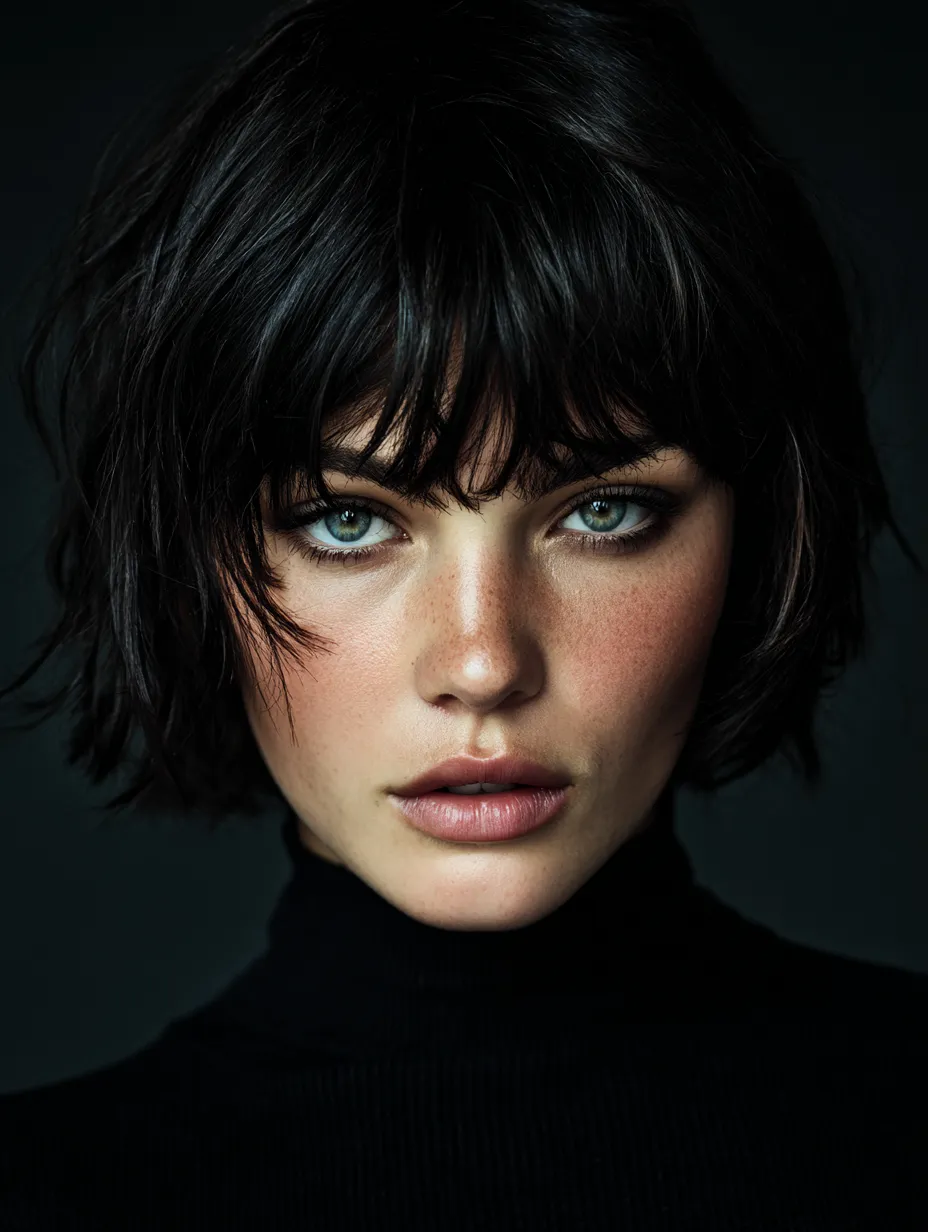 Short wolf cut with curtain fringe and textured layers at collarbone length