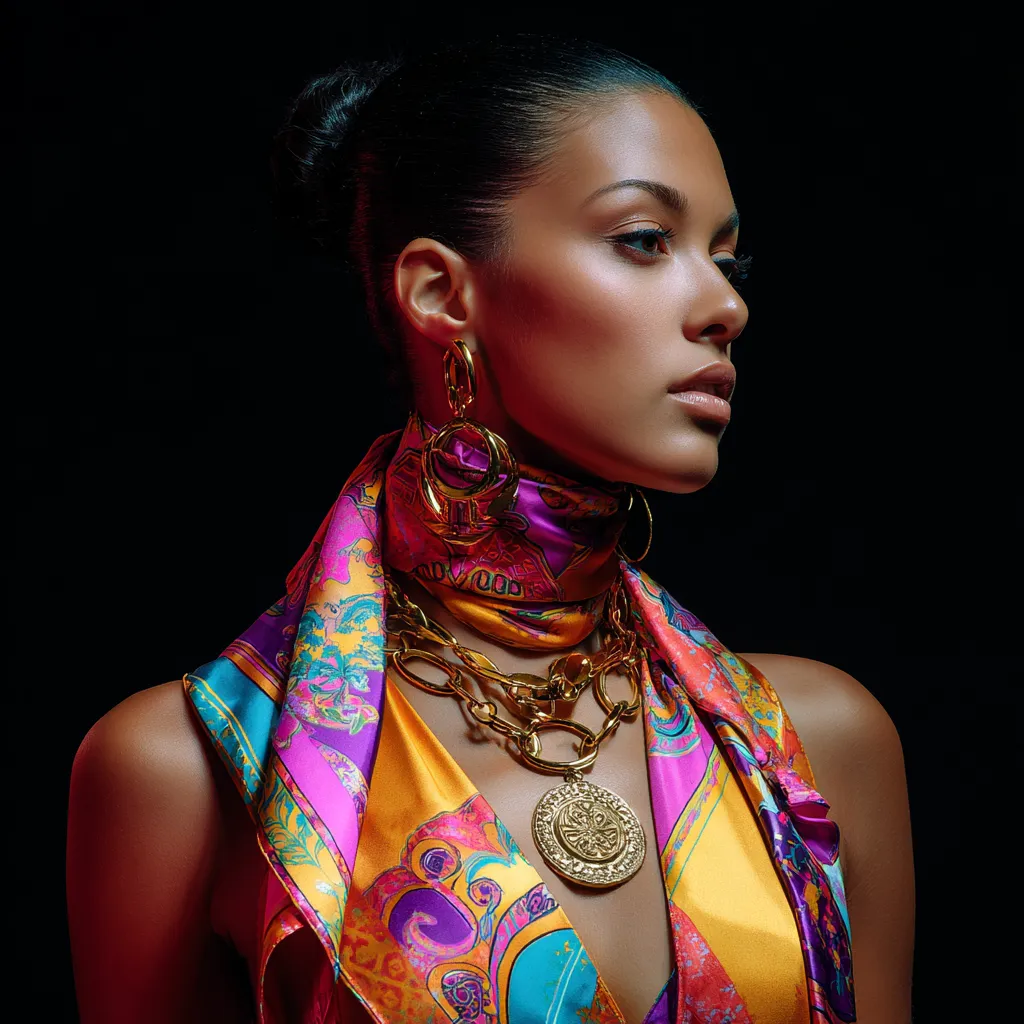 Vibrant silk retro scarf outfit detail