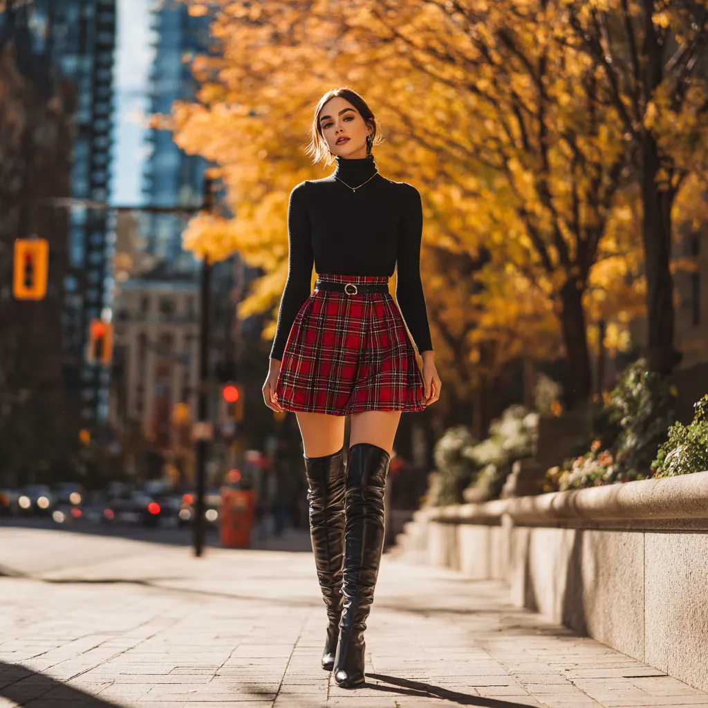 Micro skirt and boots outfit combination for fall featuring plaid print and turtleneck top