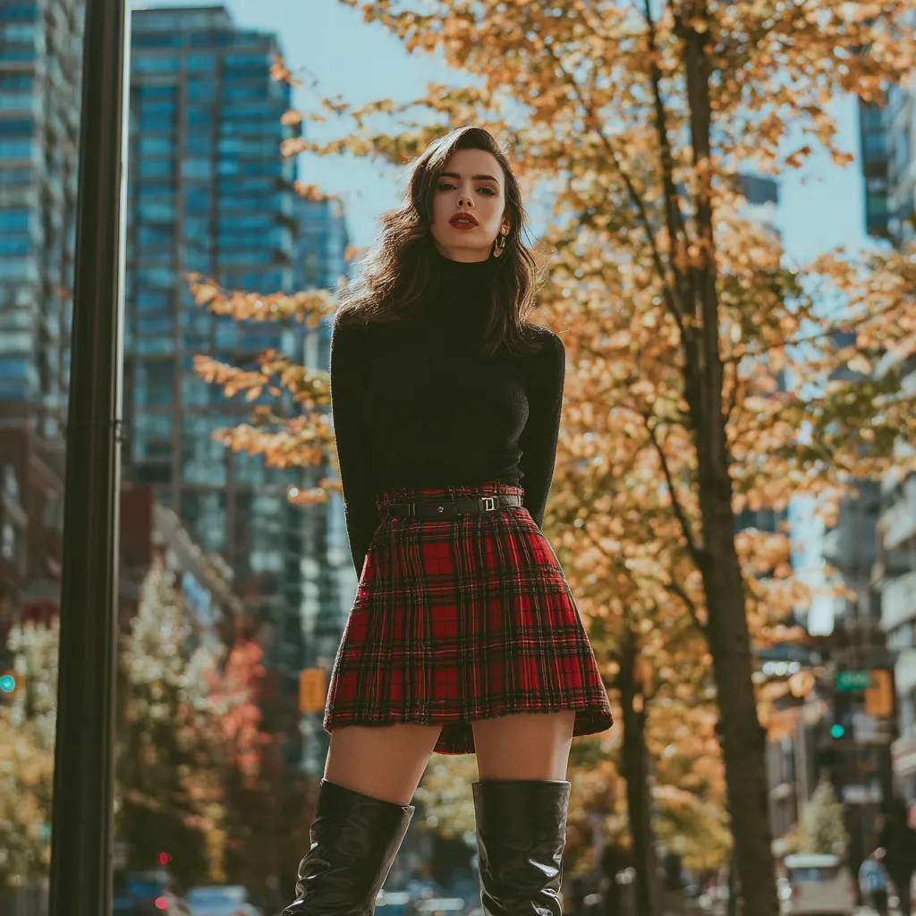 Bold micro skirt look styled with thigh-high boots and classic black separates for an editorial vibe