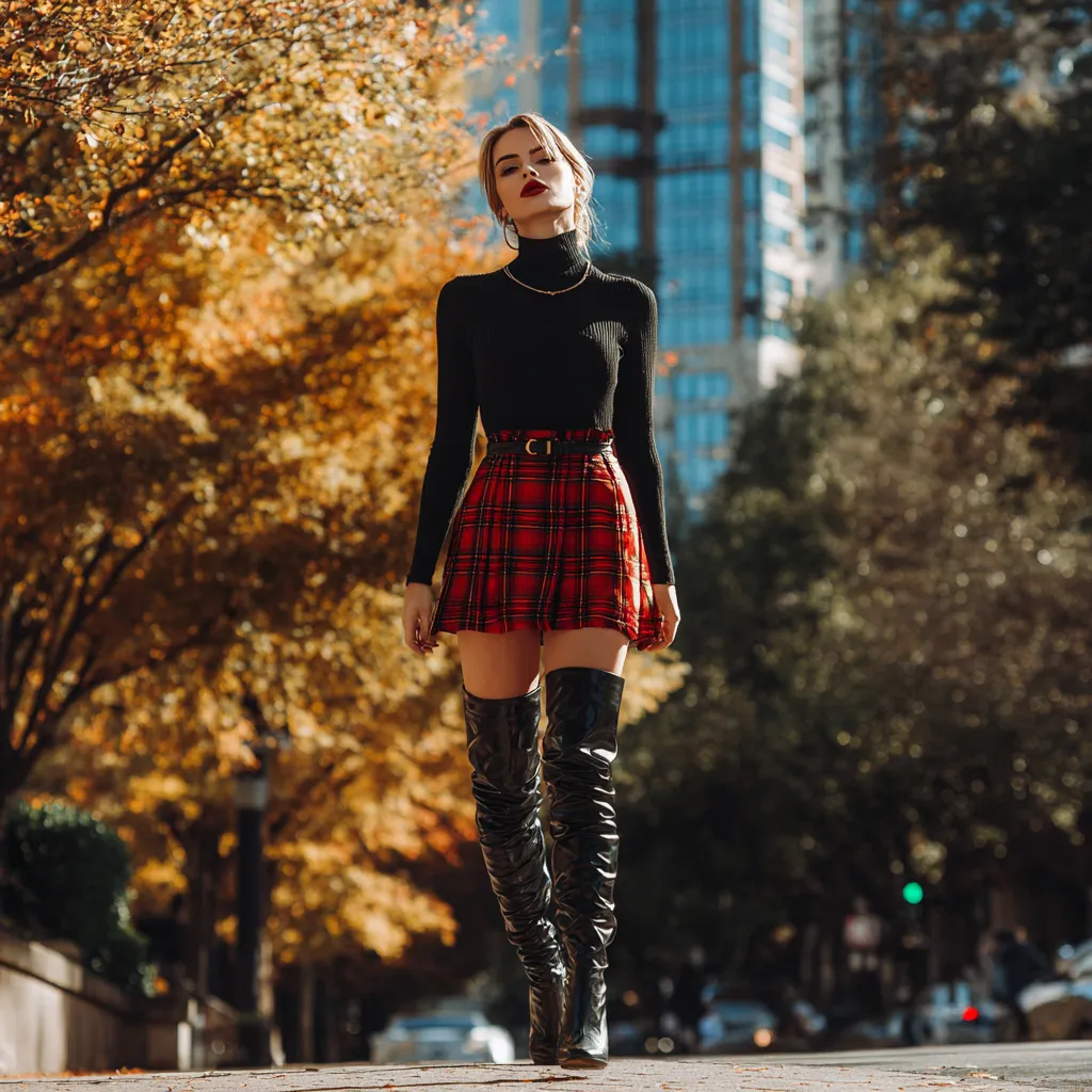 Woman styling a plaid micro skirt with thigh-high black boots and a fitted turtleneck