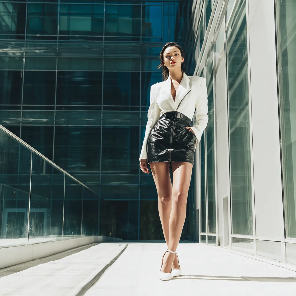 Flattering mini skirt outfit ideas for women styled with a white blazer and heels