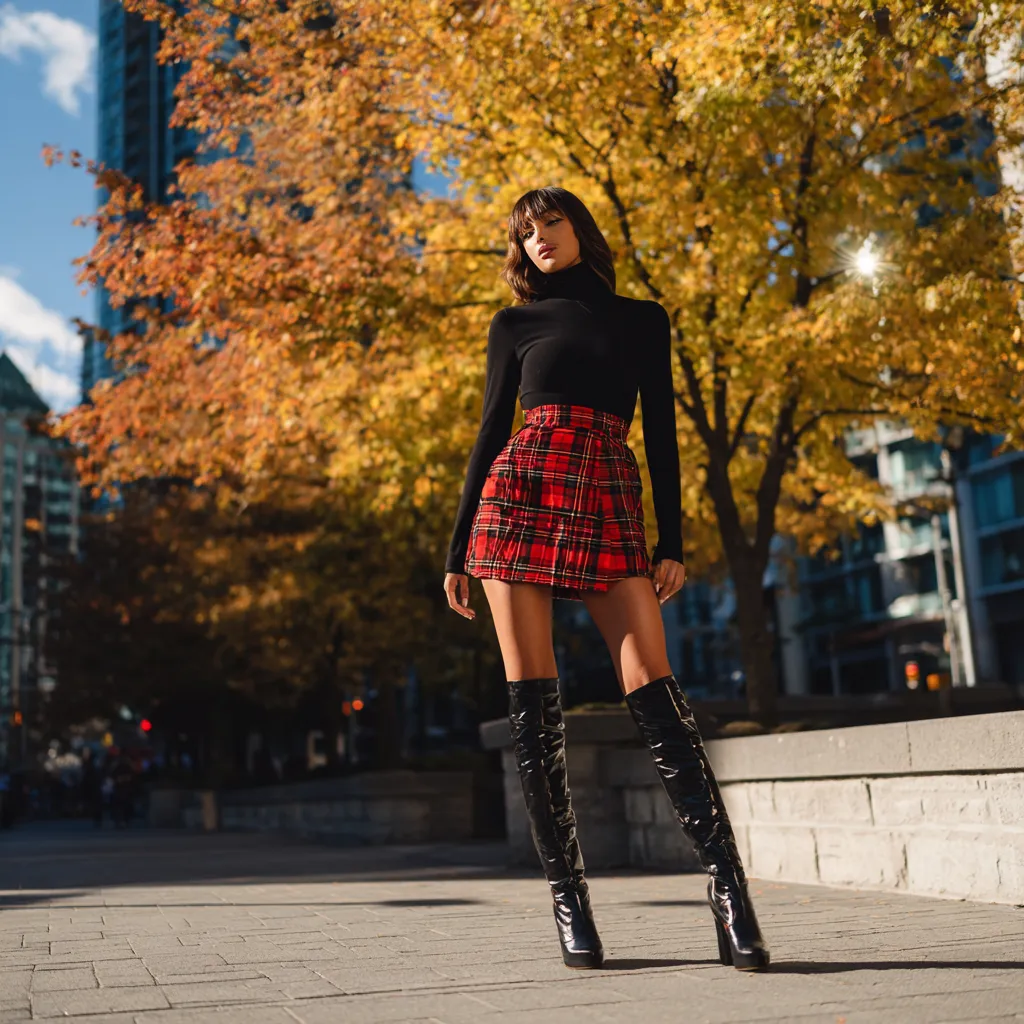 How to wear a tartan micro skirt with tall leather boots for a chic autumn fashion look