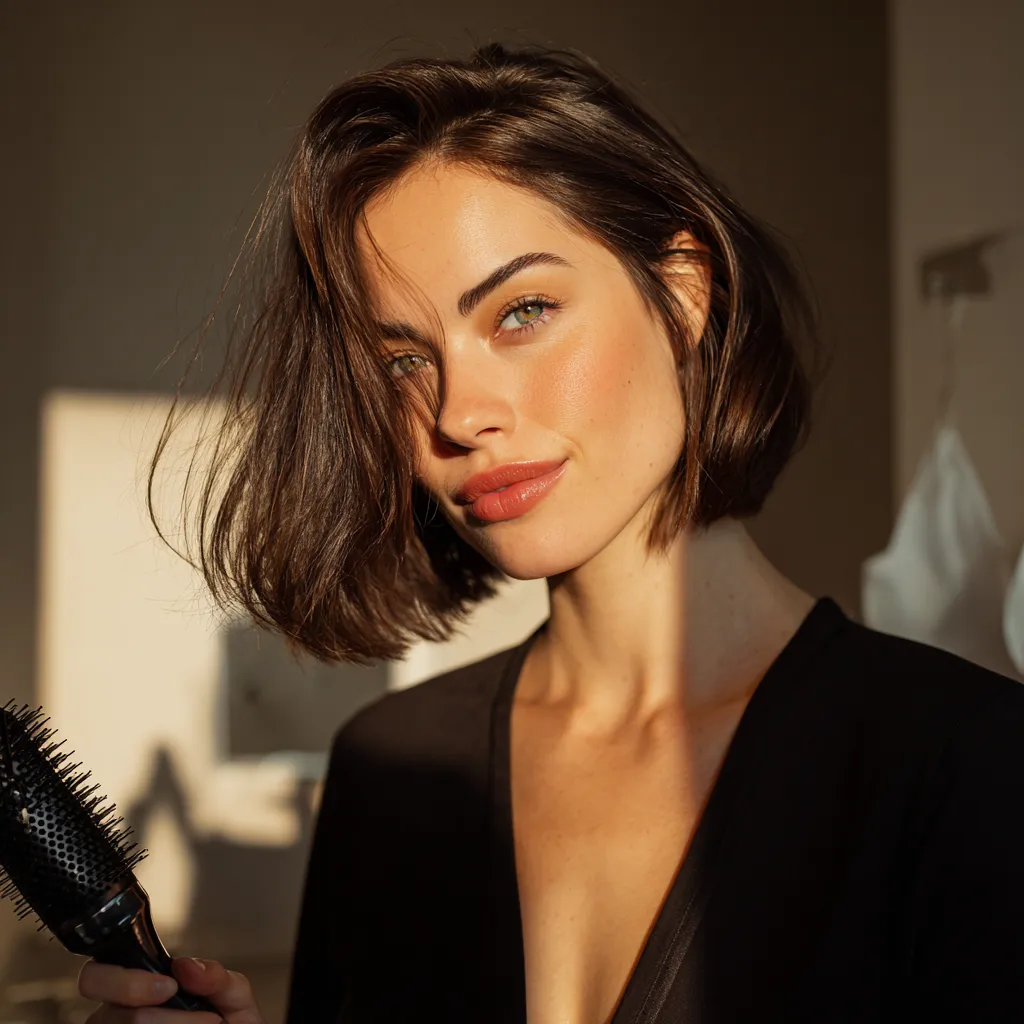 Italian bob styling with minimal products, natural finish, bright editorial photography, confident expression