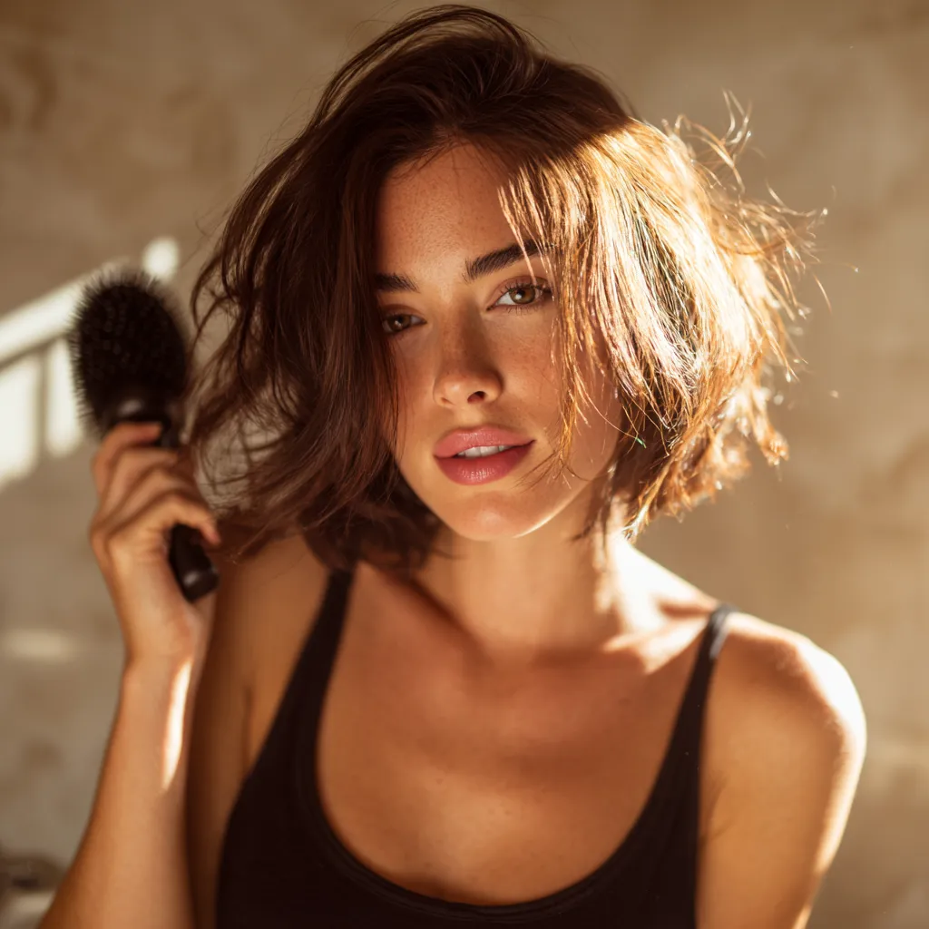 Air-dried Italian bob with natural wave texture, relaxed finish, bright sharp editorial photo