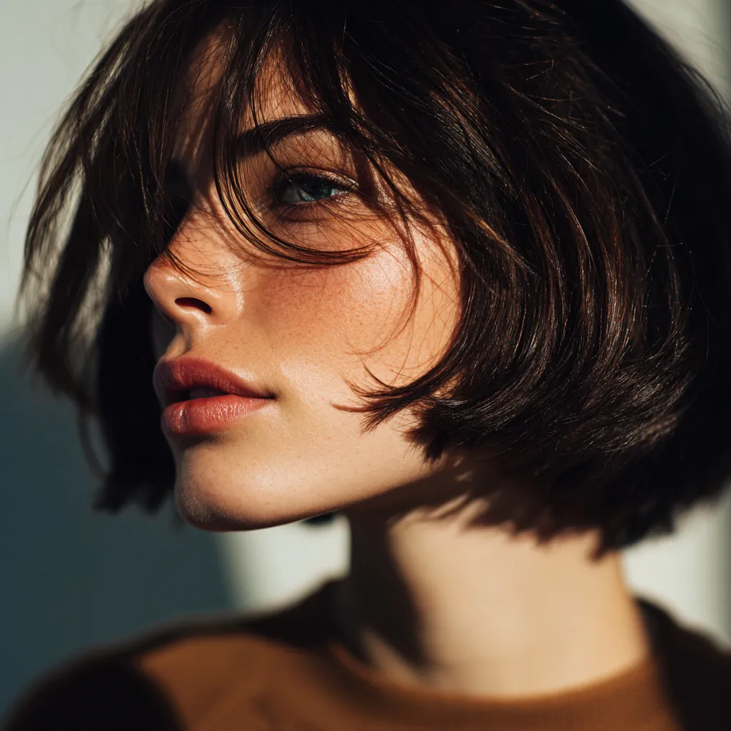 Asymmetric Italian bob haircut, one side longer, sharp bright photograph, direct gaze, editorial quality