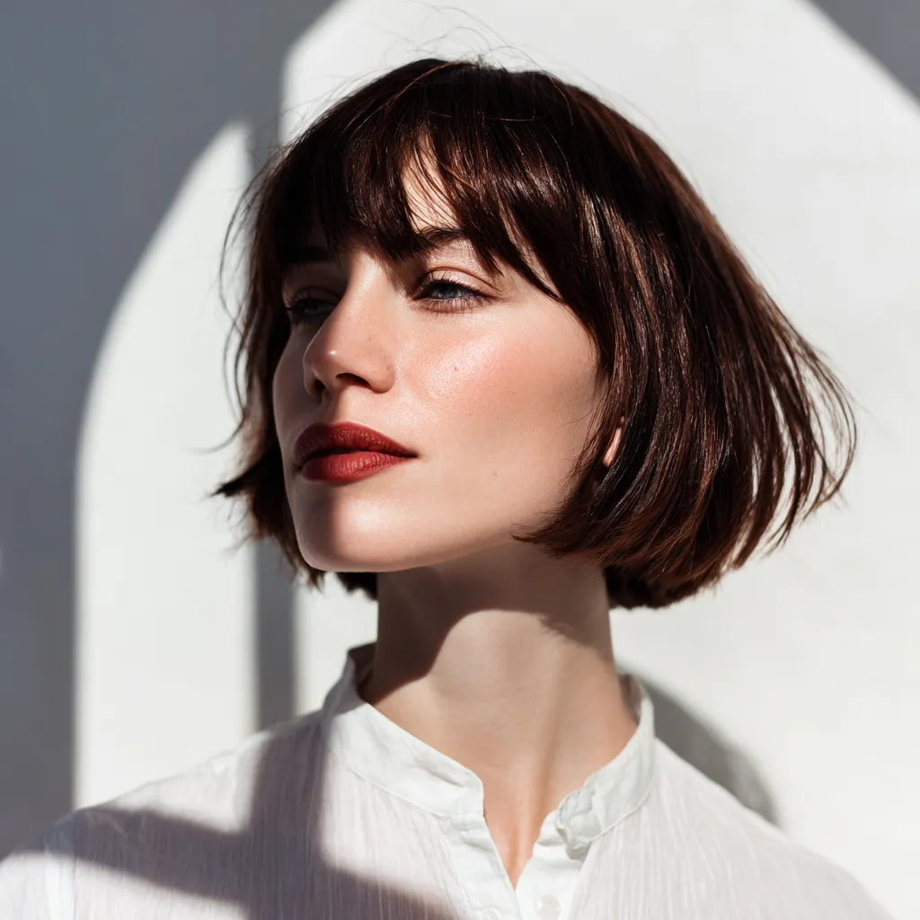 Woman with jaw-length Italian bob haircut, soft natural texture, bright editorial lighting