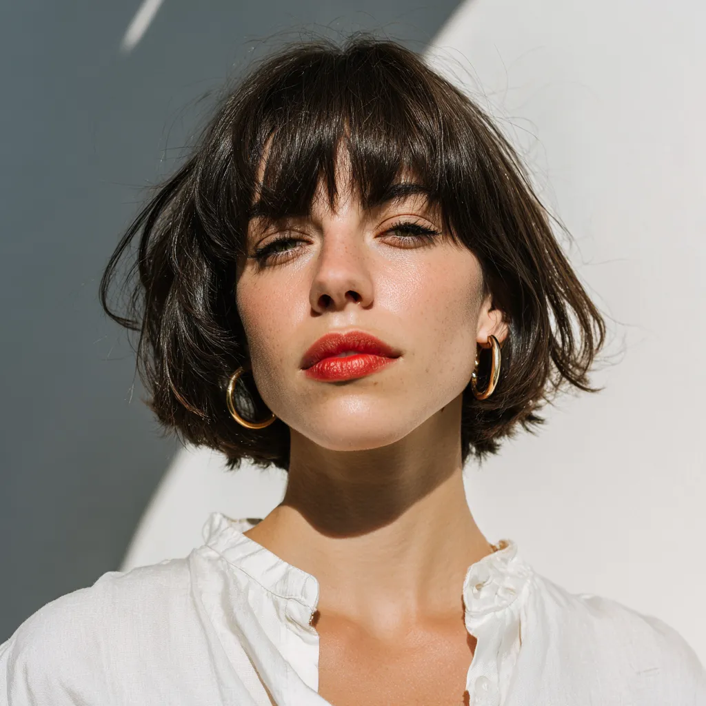 Fine hair Italian bob with soft layers, voluminous movement, high-contrast bright studio lighting