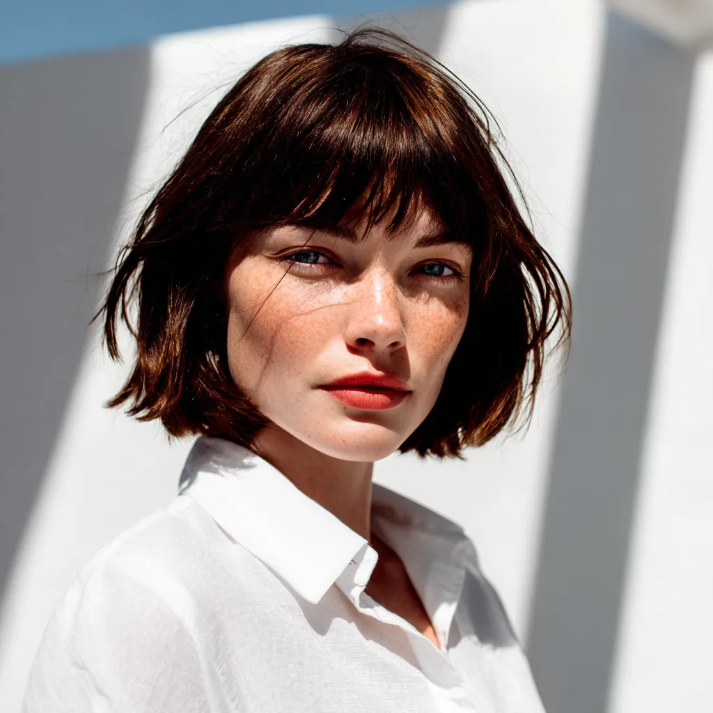 Textured Italian bob haircut with natural wave and soft movement, sharp editorial photograph