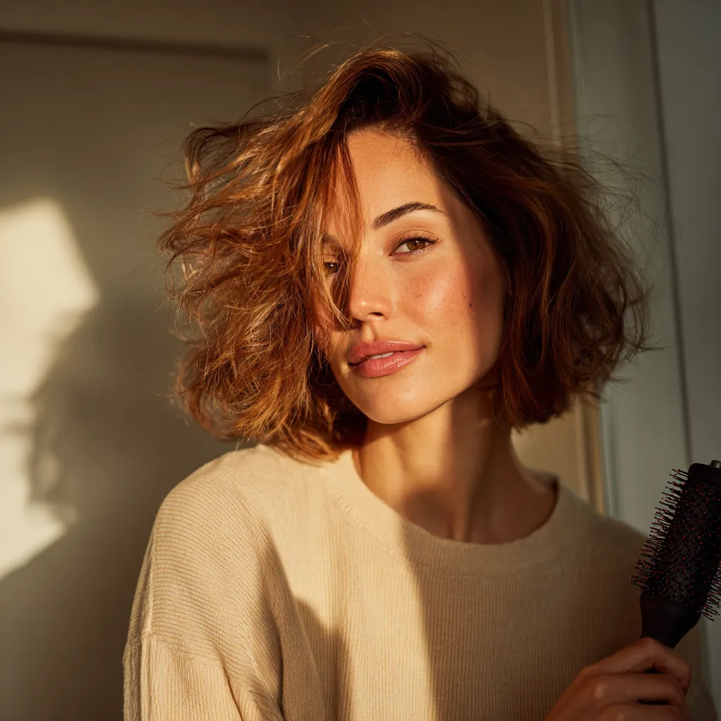 Round brush blow-dry technique for Italian bob, home styling, bright sharp photography