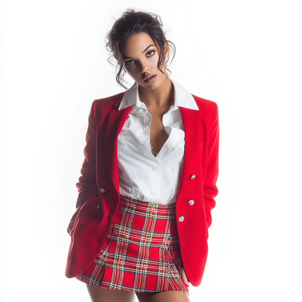 Modern prep fashion model wearing red blazer and plaid skirt
