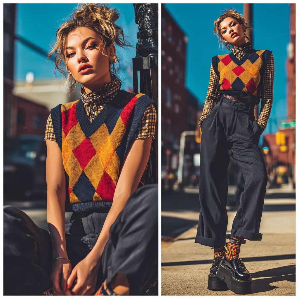 Sexy standing pose showcasing modern preppy style trousers