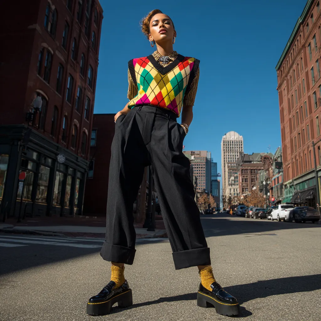 Upscale collegiate attire for contemporary women on city street