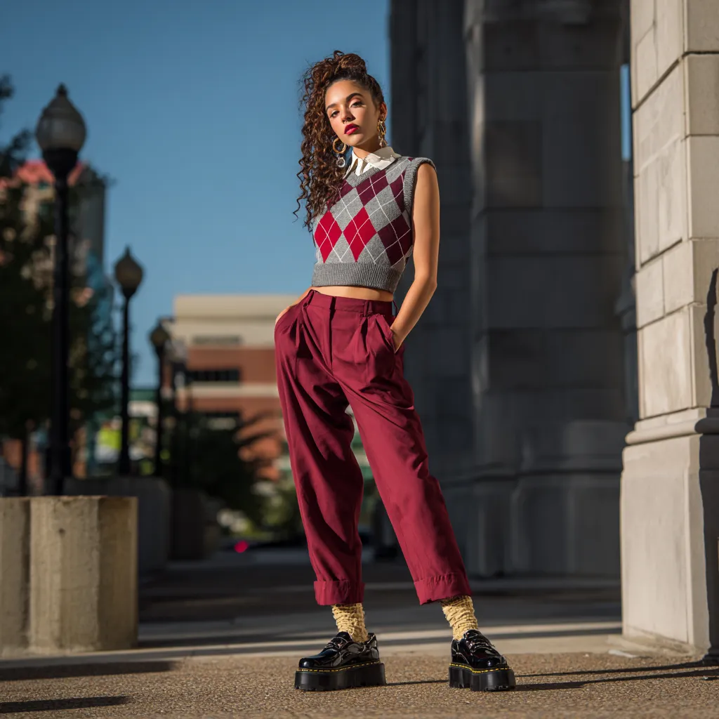 Classic collegiate look revamped with cropped argyle sweater vest