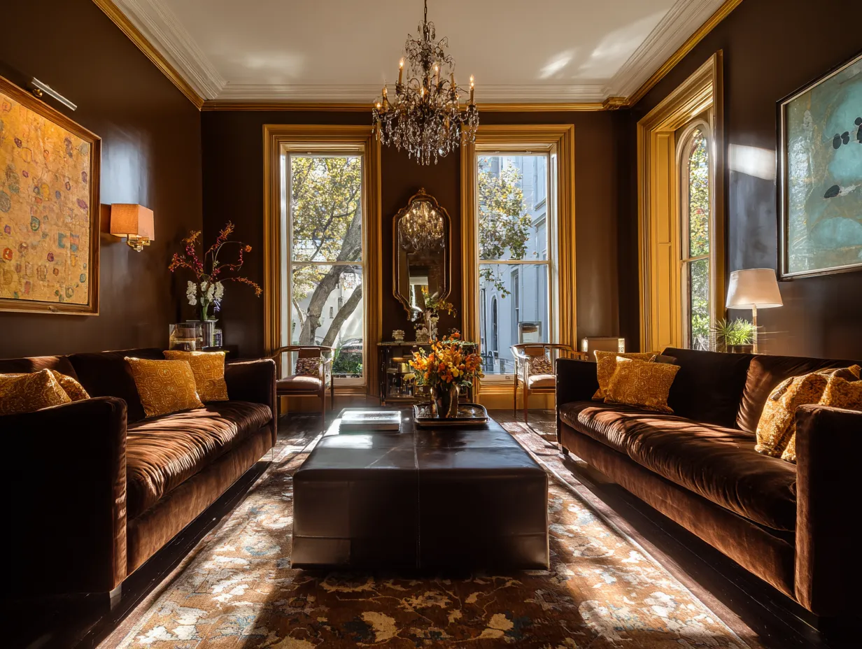 Deep brown and golden room styling