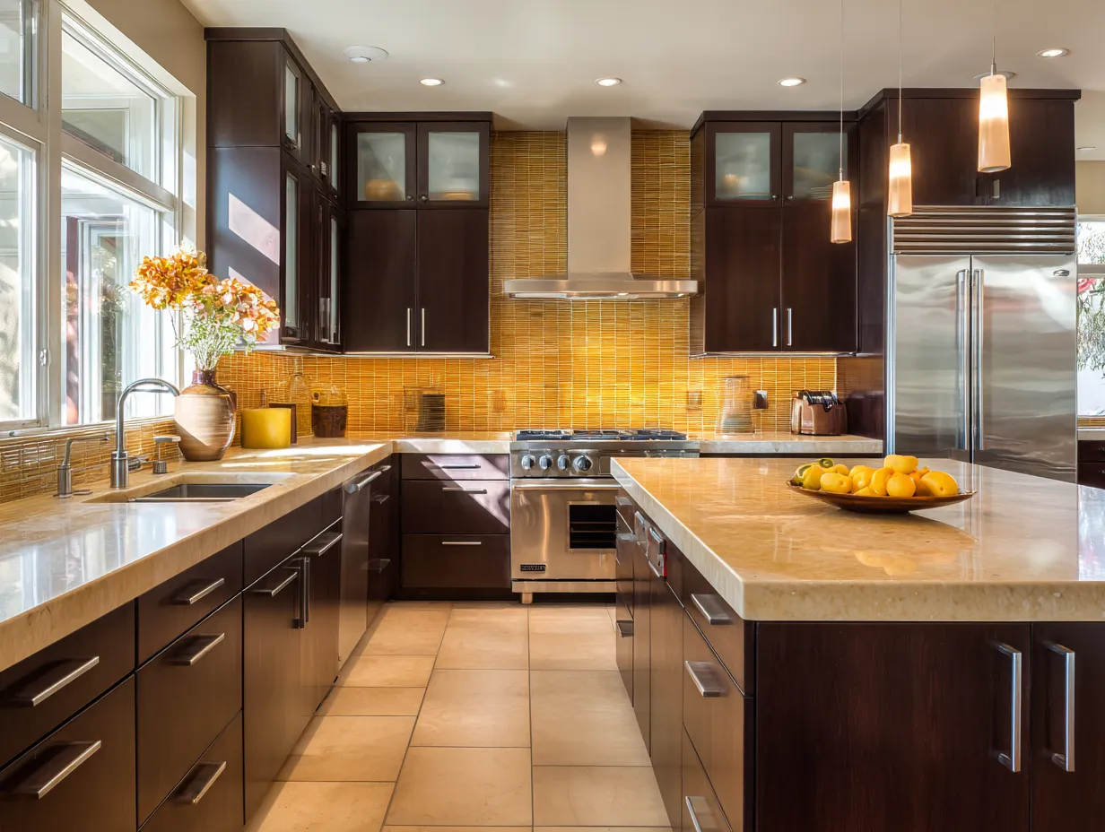 Warm interior design with deep brown cabinets