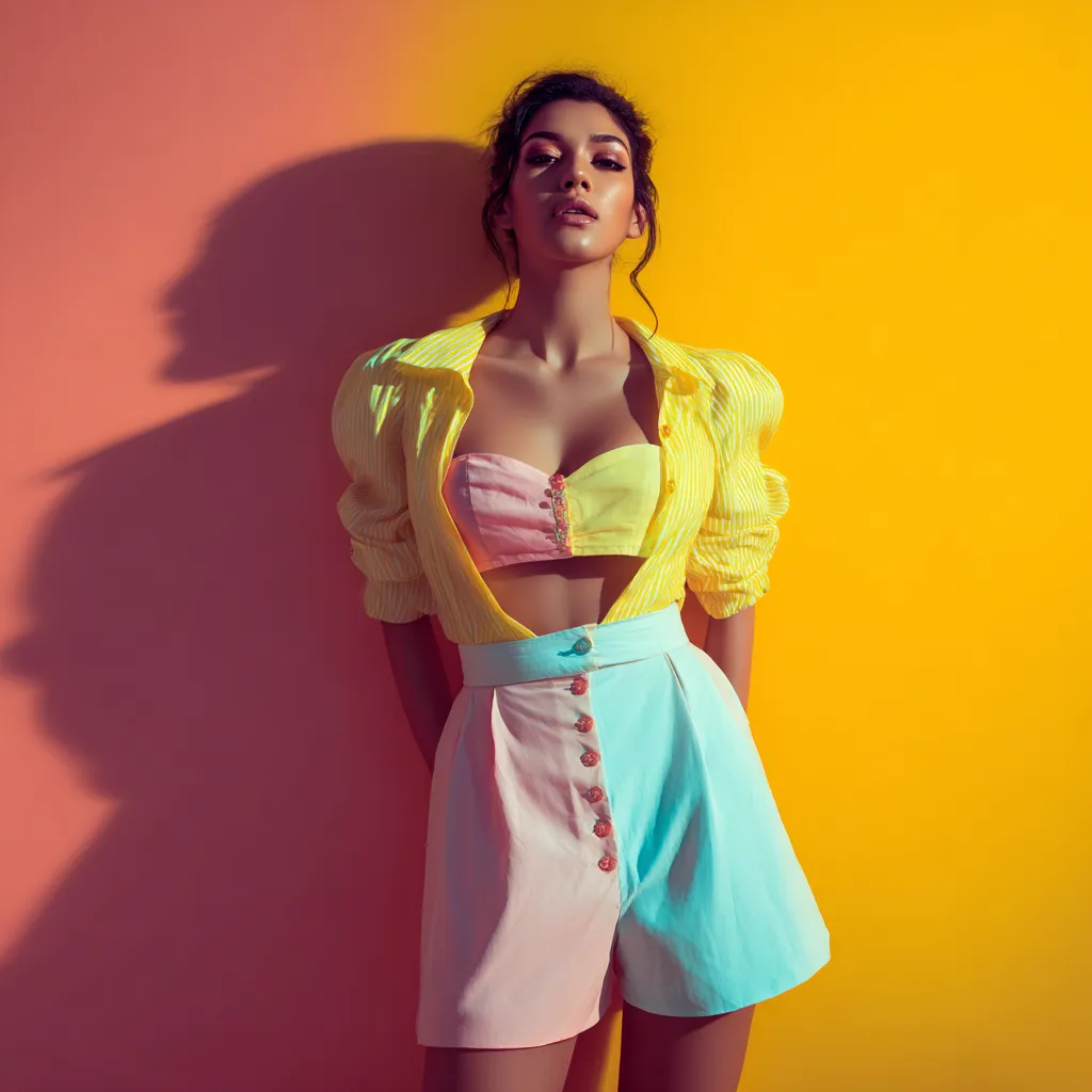 Woman modeling bright clothing essentials for warmer days