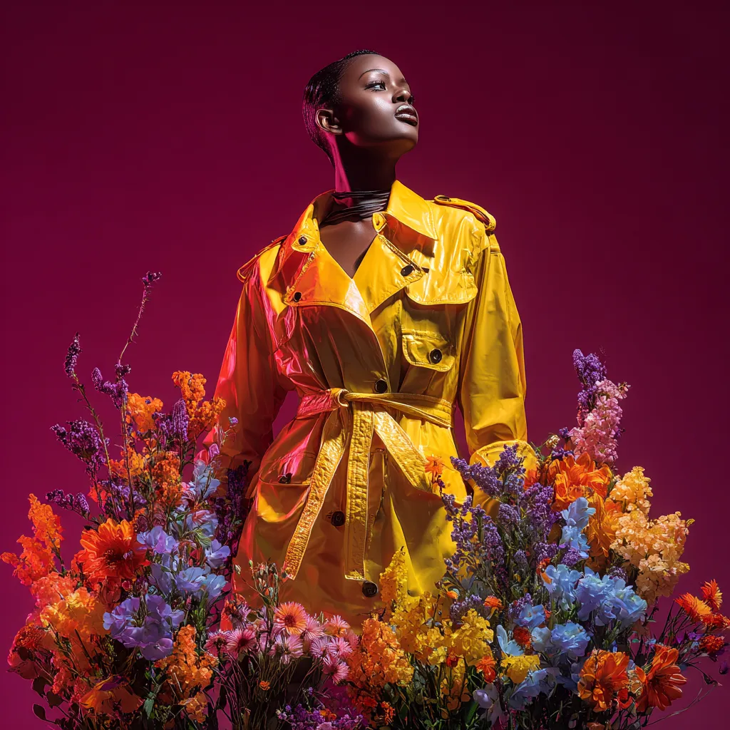 Model showcasing seasonal closet swaps among blooming flowers