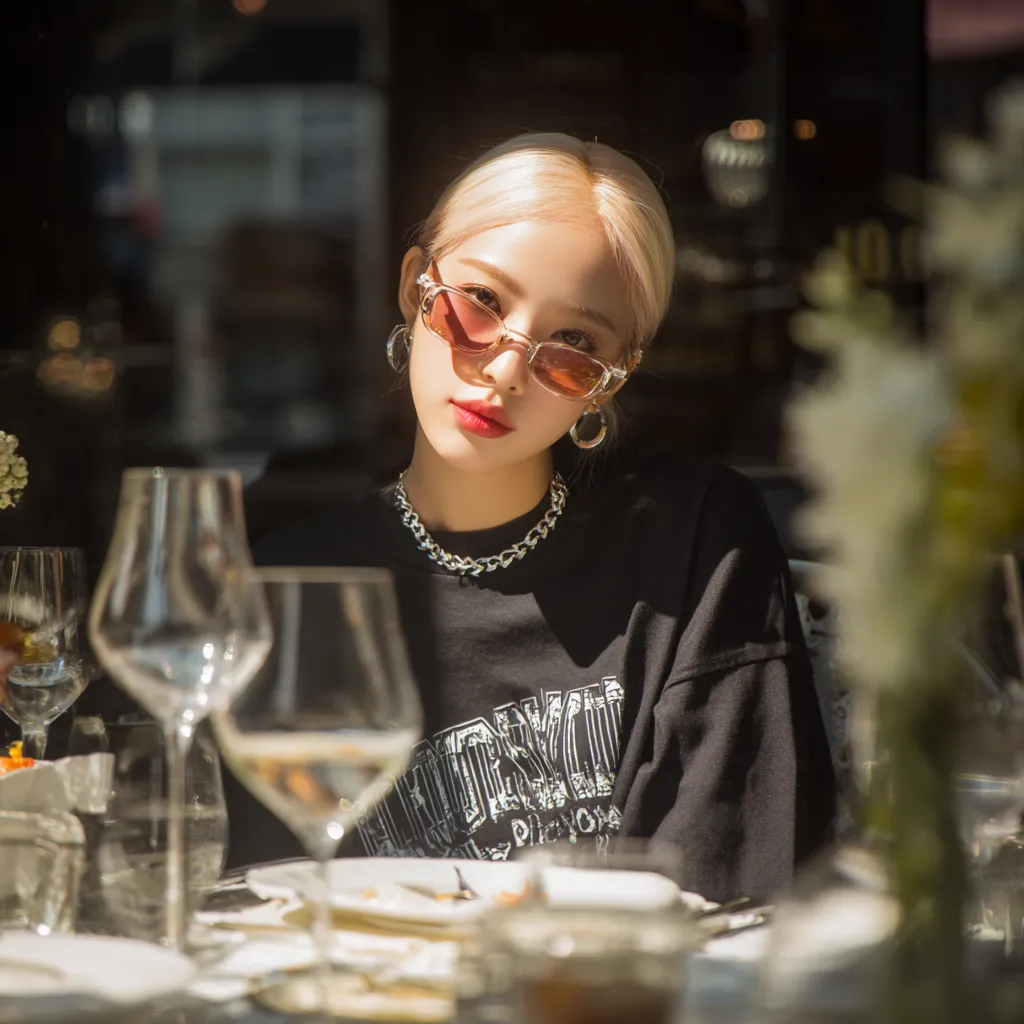 Chic woman sitting at a bright cafe with a trendy hush cut