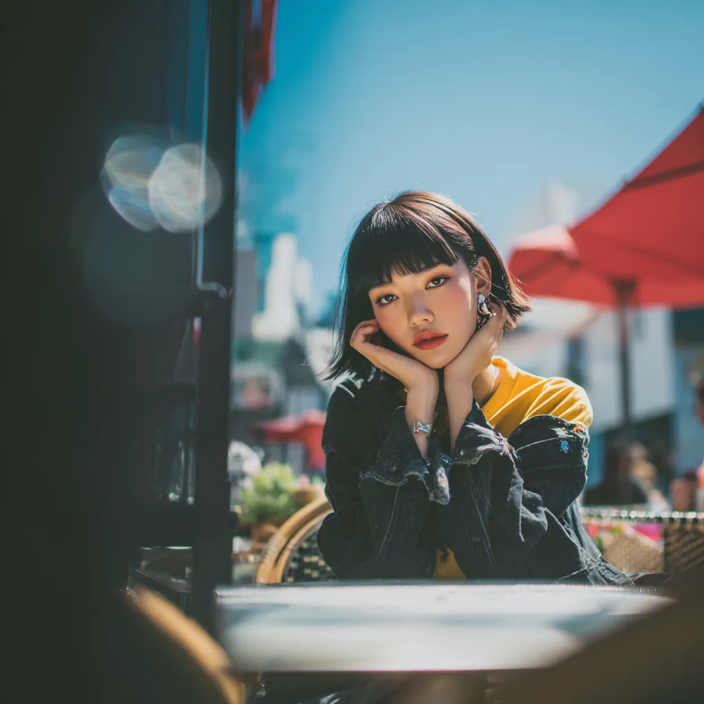 Streetwear model displaying an elegant feathered haircut outdoors