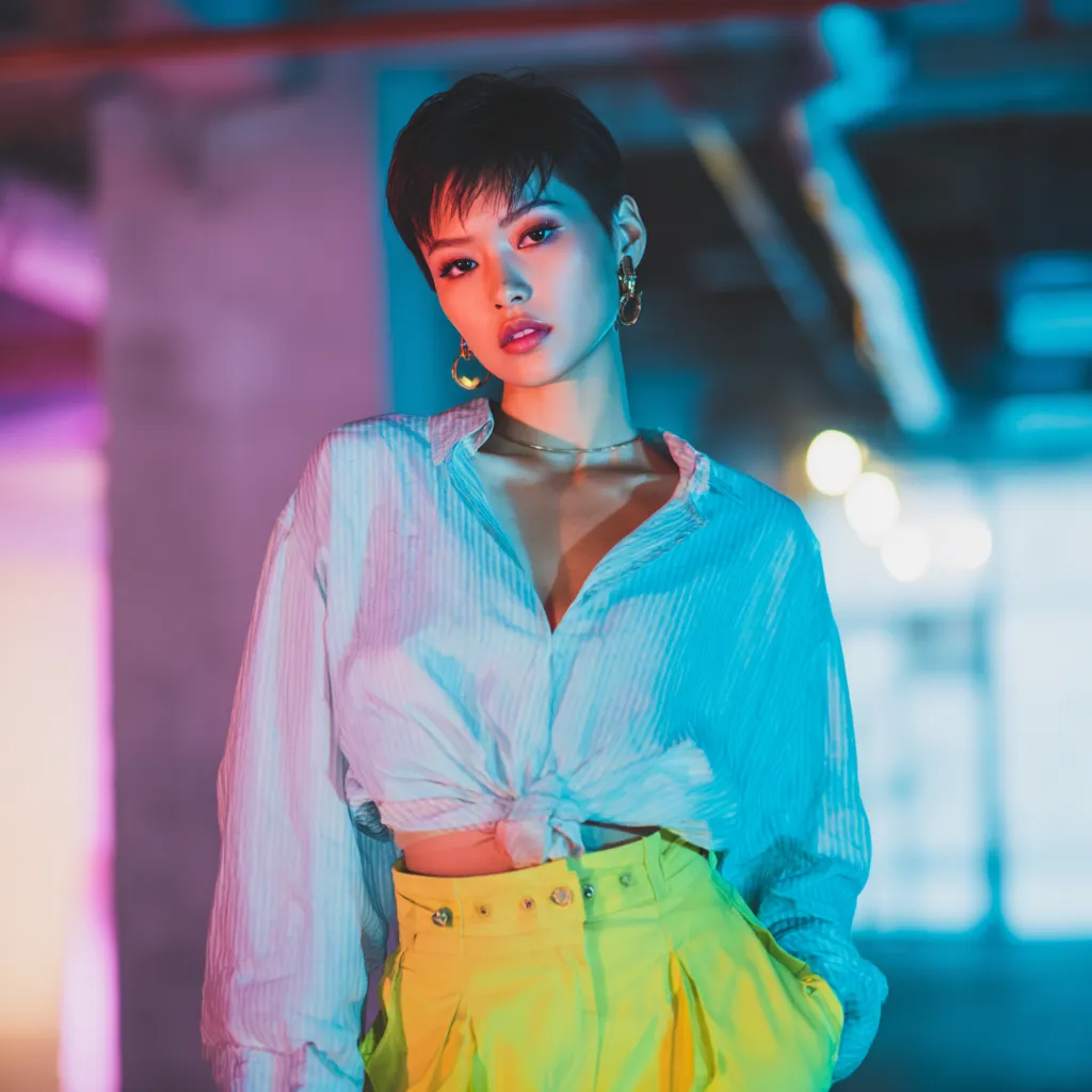 High contrast photo of trendy Asian layered hairstyle with great volume