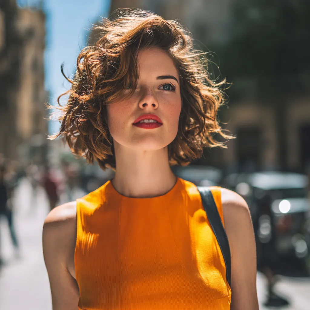 High contrast street image of a modern voluminous layered haircut