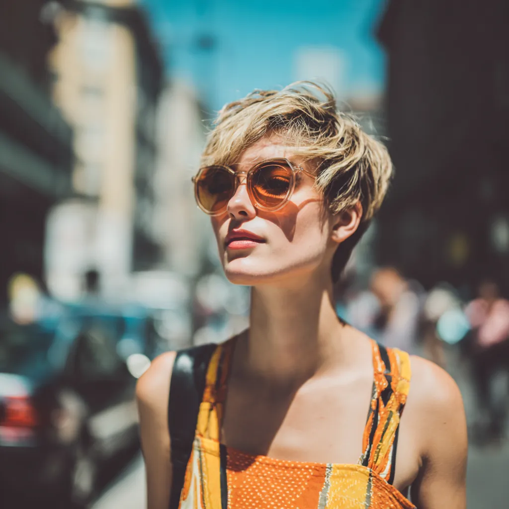 Fashion model with a soft layered chop walking confidently outdoors