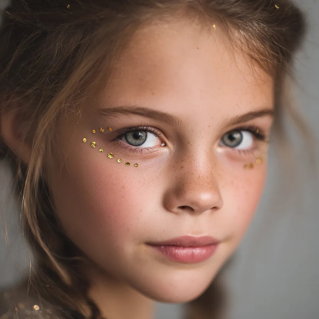 young girl decorative face gems light party style