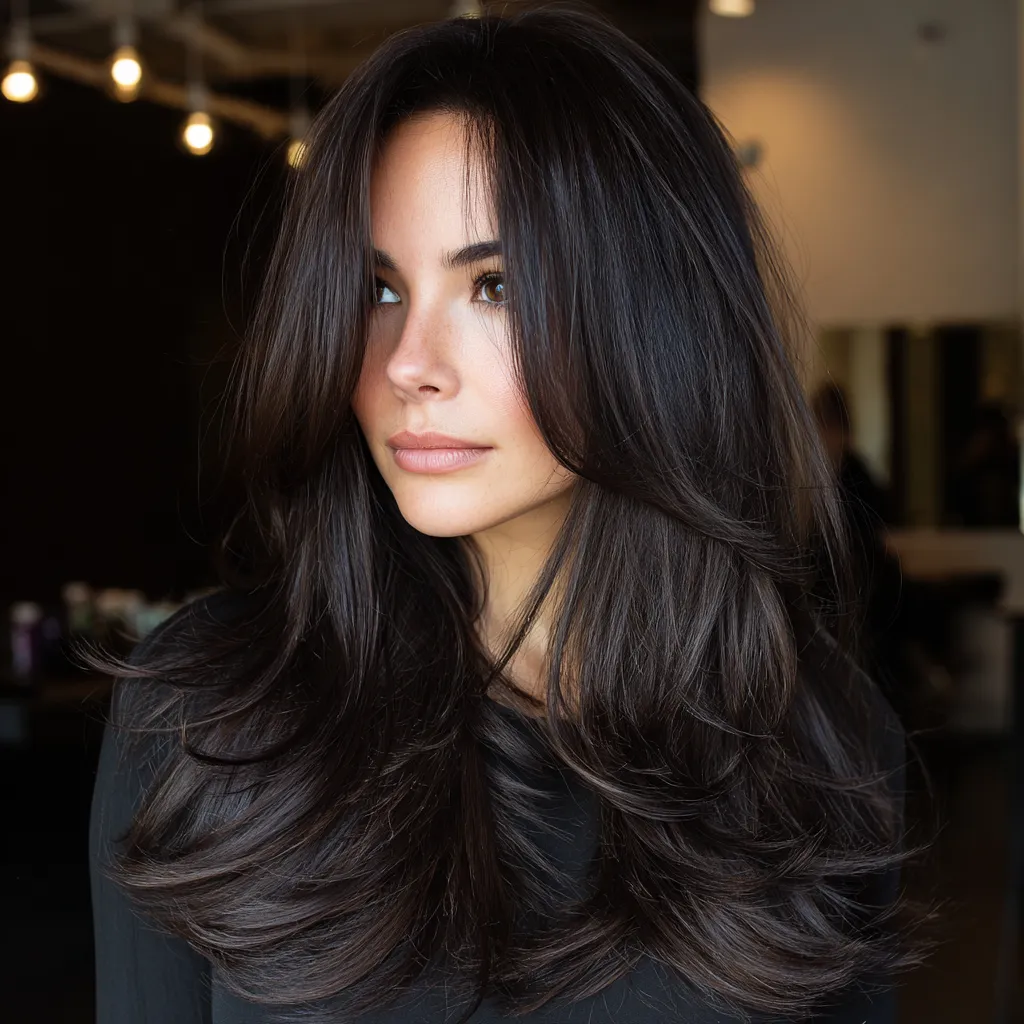 long layered hair with visible crown lift