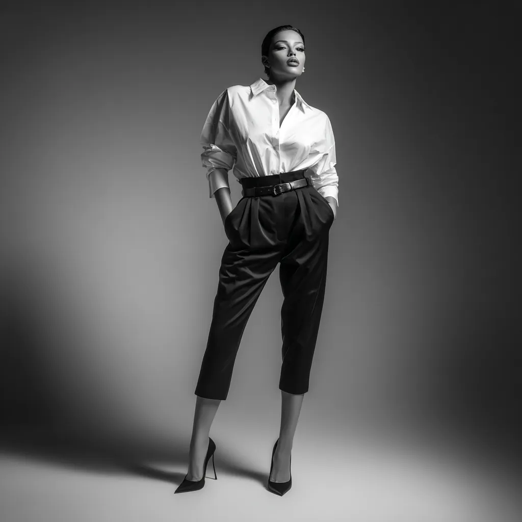 structured capri pants with oversized shirt and slingback heels