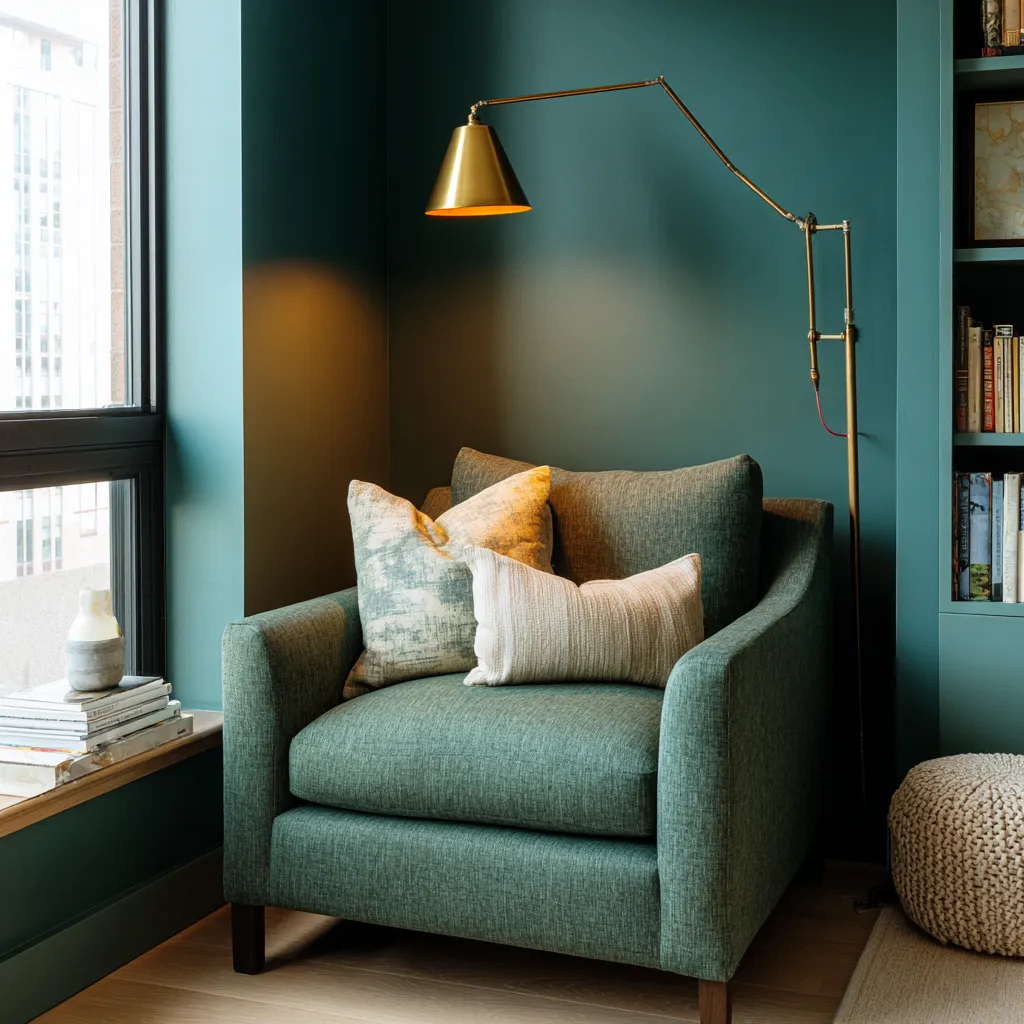 compact green reading chair beside teal accent wall