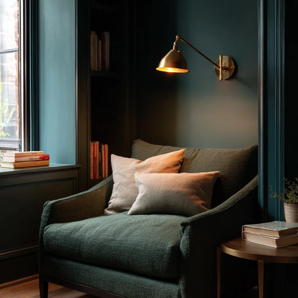 small apartment corner nook with brass wall lamp