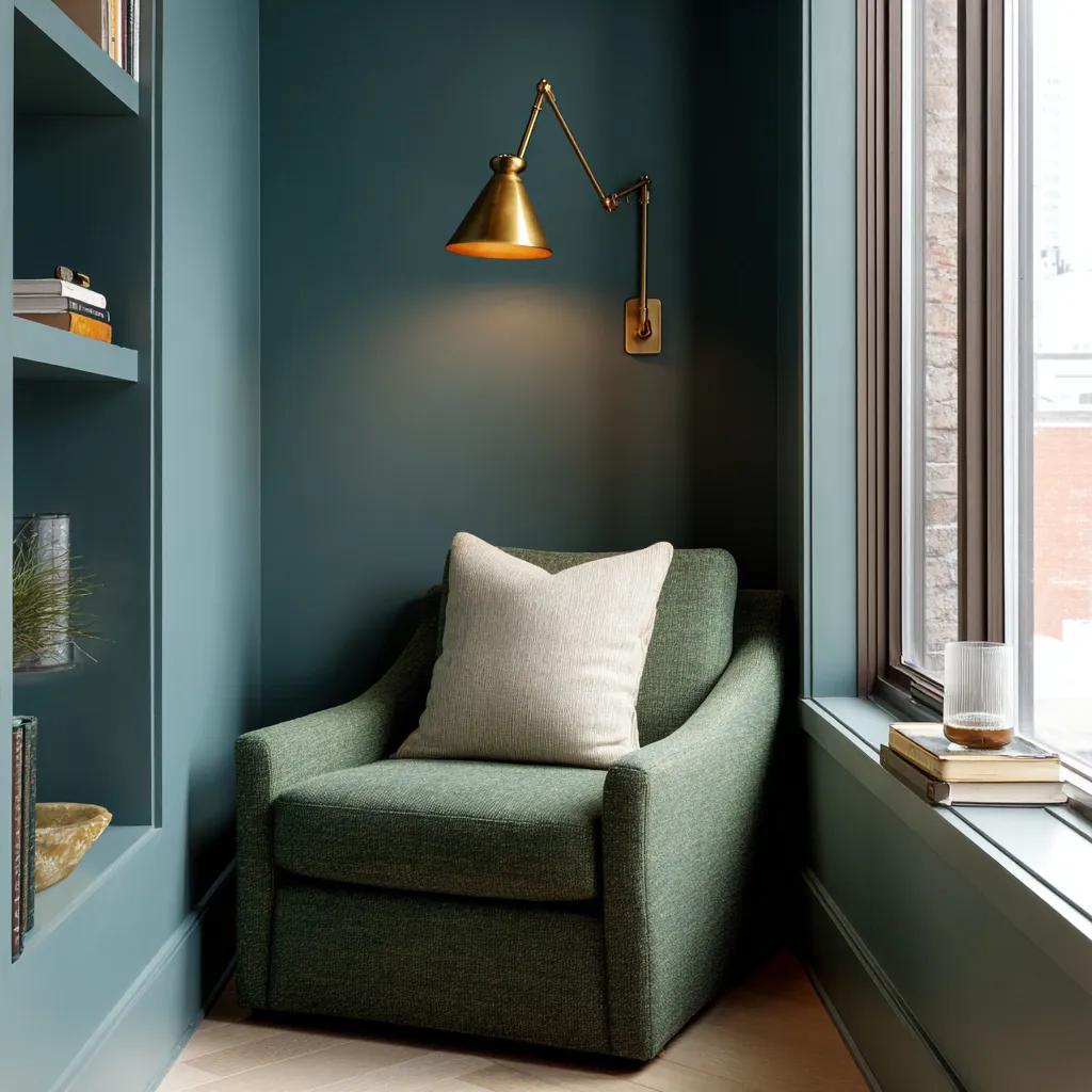 cozy reading corner with dark paint and warm lighting