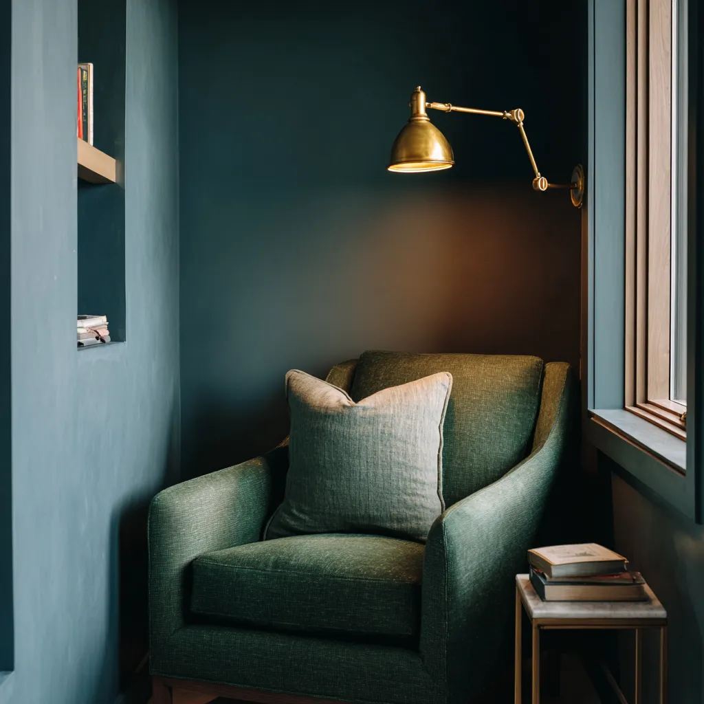 closet converted into small reading nook with curtain frame