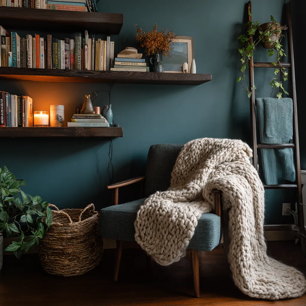 dark cozy reading nook with warm amber lamp glow