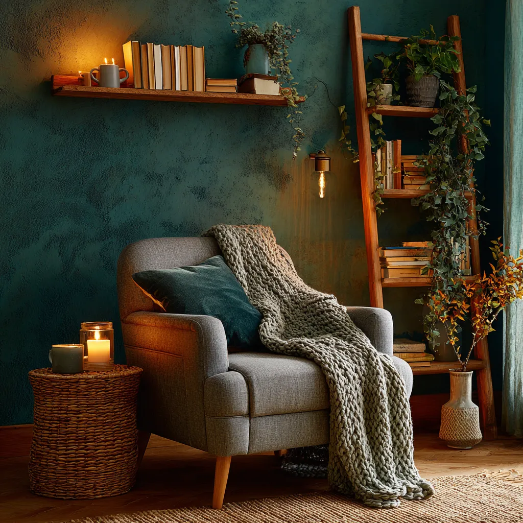 low floating shelf beside reading chair with candle