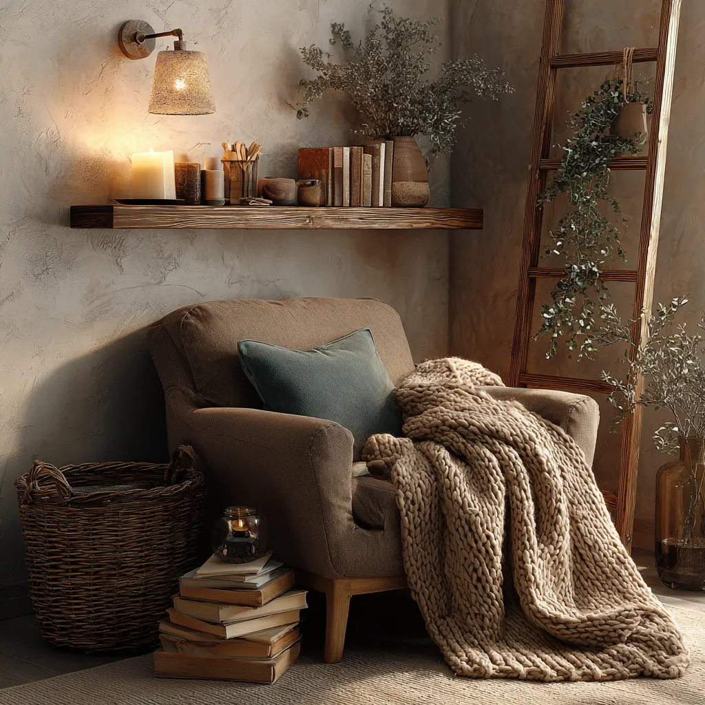 small ladder shelf with plant next to reading corner