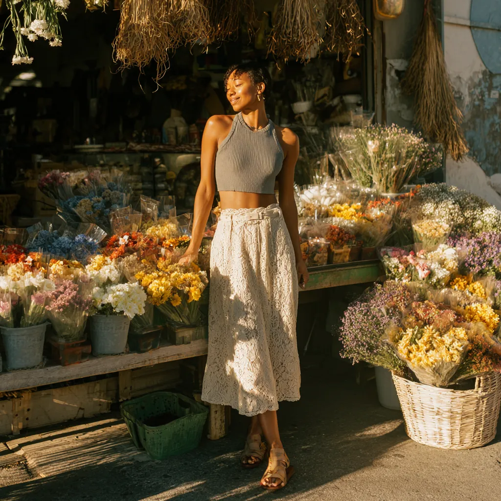 cream lace skirt paired with ribbed crop top