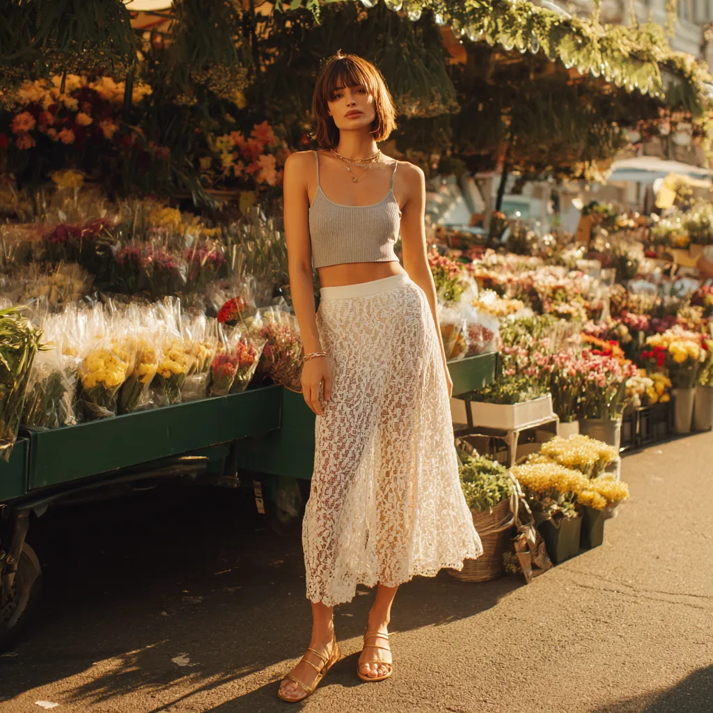 ivory lace midi skirt with casual top spring